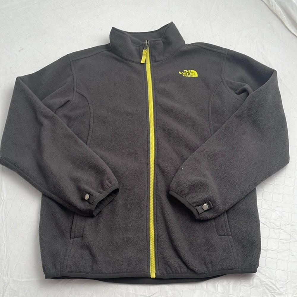 The North Face gray full zip fleece jacket with yellow contrast zipper and logo